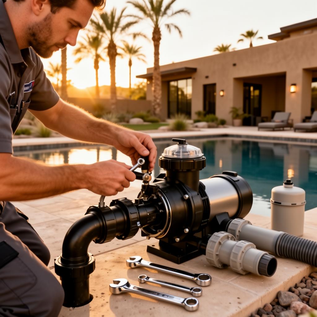 Burro Pools technician repairing high-end pool equipment